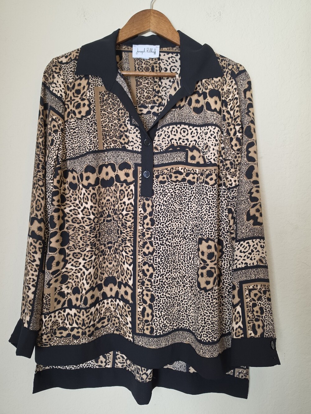 Joseph Ribkoff Leopard Print Blouse Tan Black High Low Hem Mob Wife Indie Sleaze